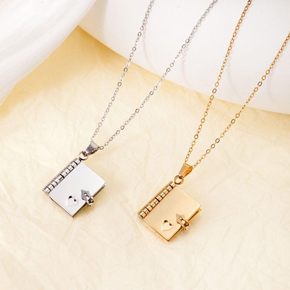 Heart Couple Book Necklace Titanium Steel Couple Text Locket Opening Book Pendant  Female Lady Girl