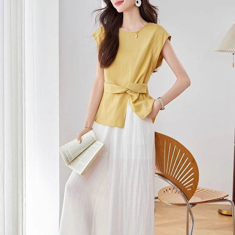 2026 Summer Cotton Linen Sleeveless Shirt & Wide-Leg Pants Two-Piece Set