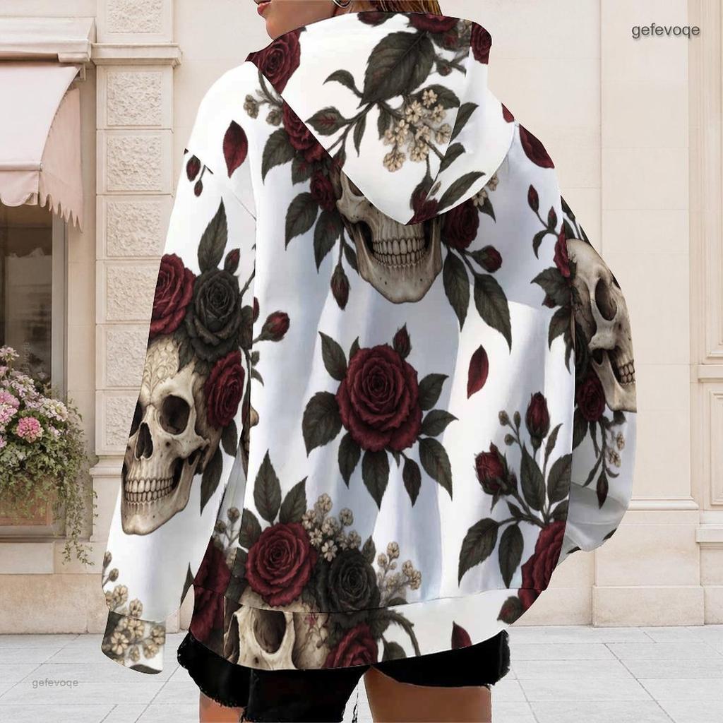 Women Plus Size Zip Up Long Sleeve Drawstring Hoodie White Dark Rose Bat Key Lock Printed Sweatshirt With Pockets
