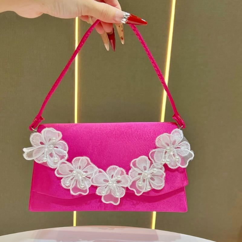 Floral Handbag, Fashionable Crossbody Bag, Pearl Clutch Bag, Simple Banquet and Dinner Bag