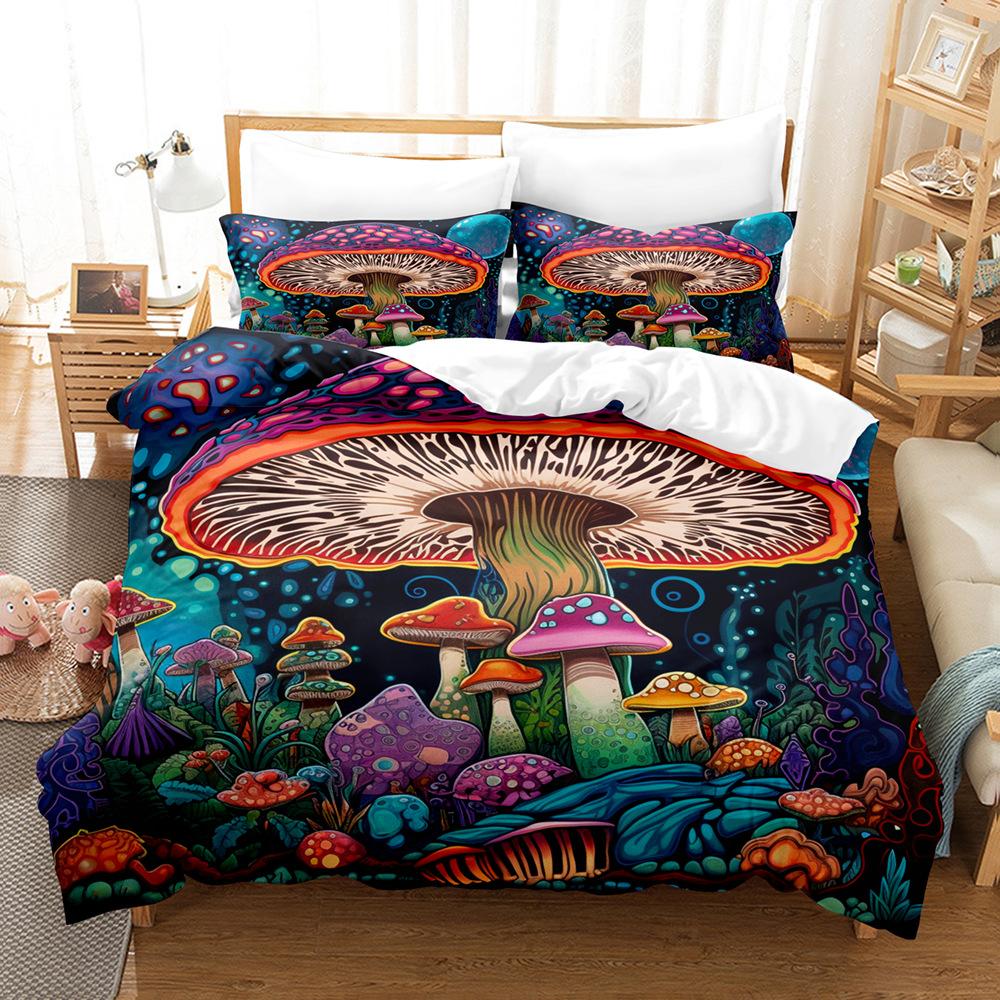 3D Digital Printing Fluorescent Mushroom Series Three-Piece Bedding