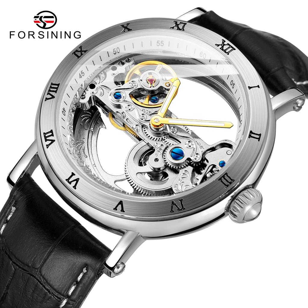 Forsining New Fashion Transparent Skeleton Mechanical Watch Men Leather Waterproof Luminous Hands Steampunk Automatic Watches