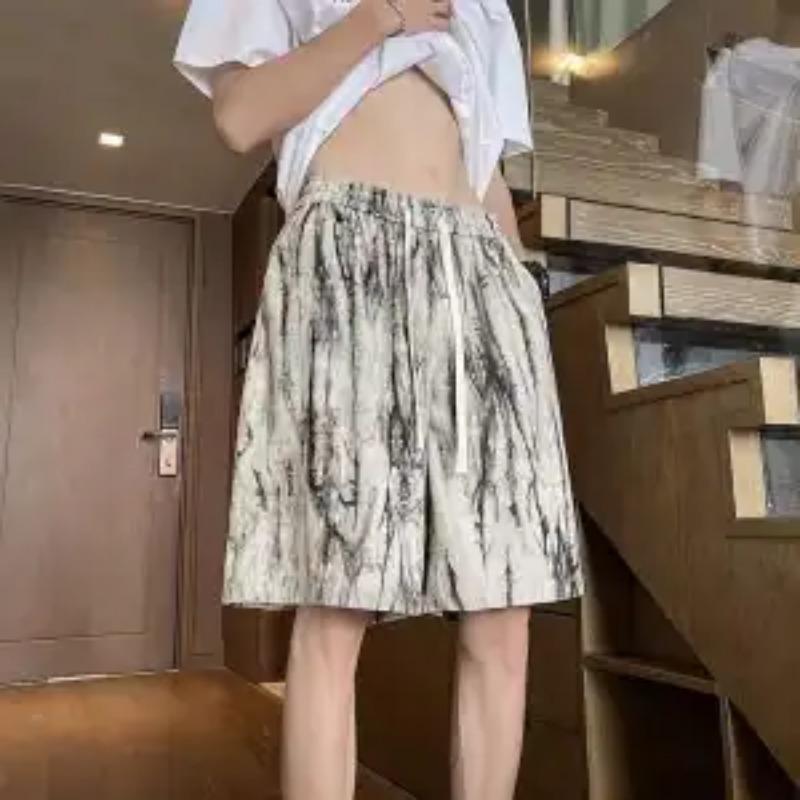 Men's Marble Pattern Printed Elastic Waist Drawstring Casual Summer Loose Shorts