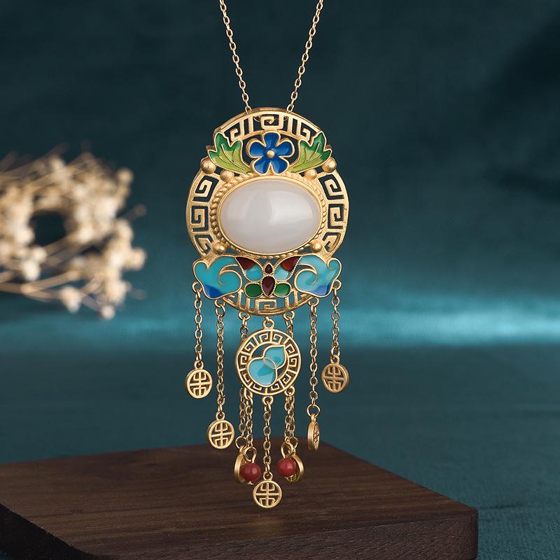 

Ancient Gold-Plated Enamel Hetian Jade Tassel Necklace for Women
