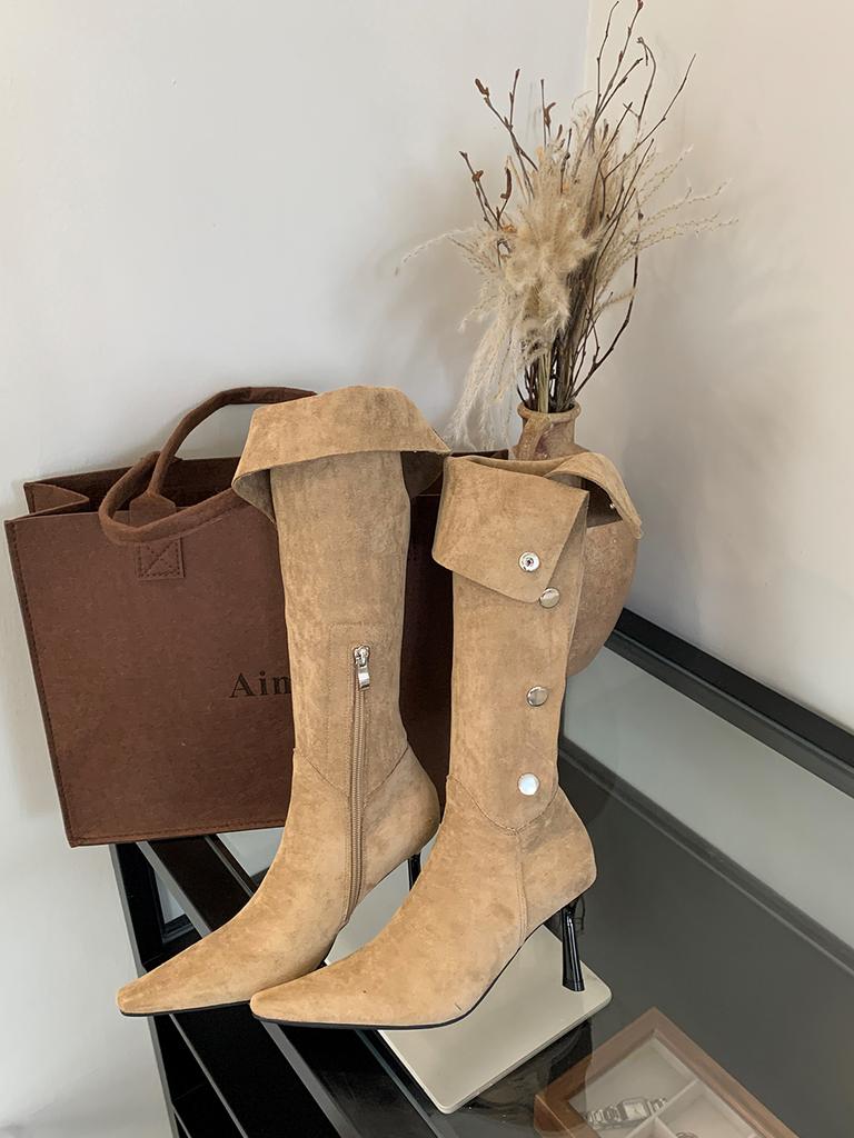 Fashion Pointed Toe Women Knee High Boots Black Beige Brown 2024 New Arrivals Side Zipper Belt Buckle Winter Autumn Fashion Women Knight