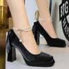 Shoes Pearl Chain Design Women Pumps Bowknot Silks Satins Platform high heels Square head Thick heeled shoes Women heels