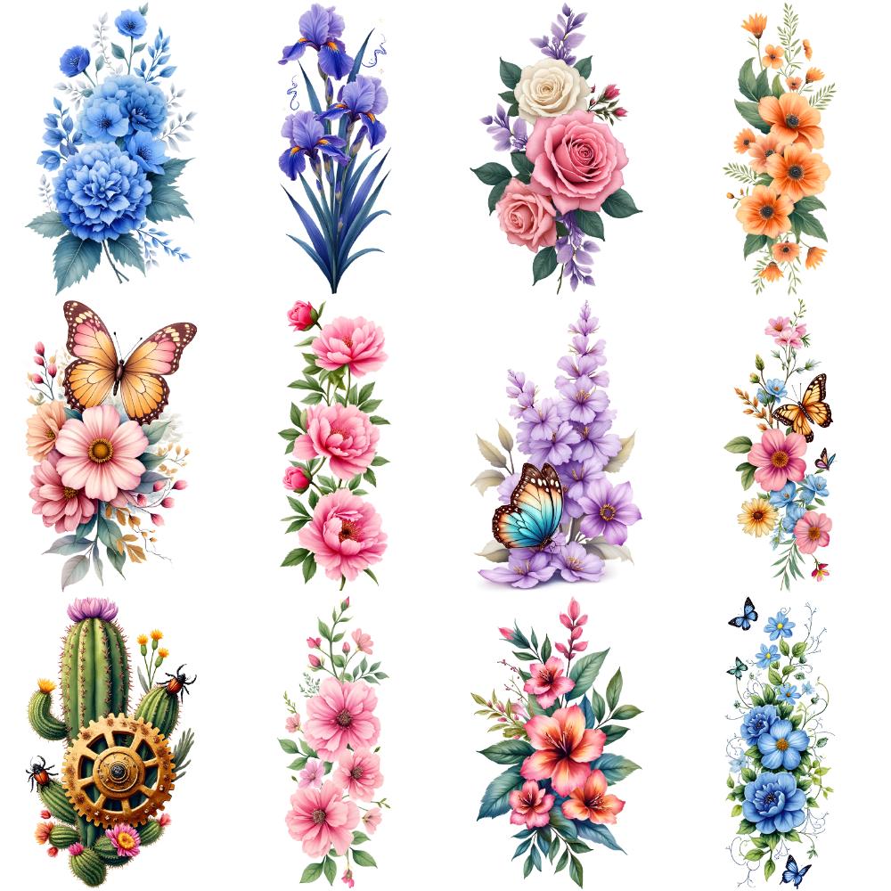 12 pièces Tatouages Temporaires Motifs Papillons Designs Floraux Colorés Autocollants Corporels Imperméables Longue Durée Pour Bras Adulte