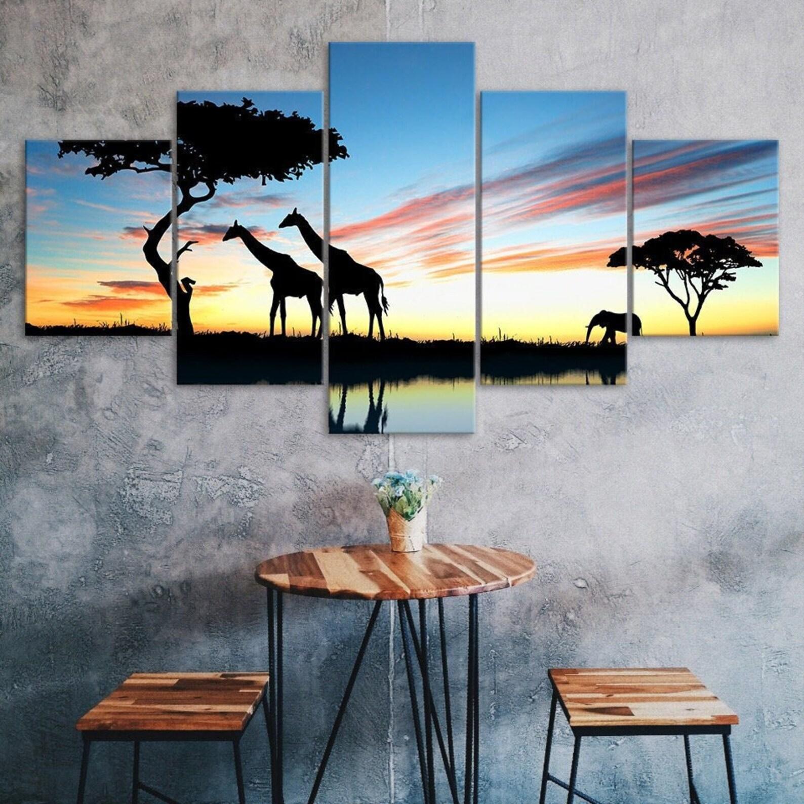 Giraffe Animals Silhouette African Safari Sunset Scene 5 Piece Five Panel Wall Canvas Print Modern Art Poster Home Decor Gift For Him Her 20X35 20X45 20X55CM