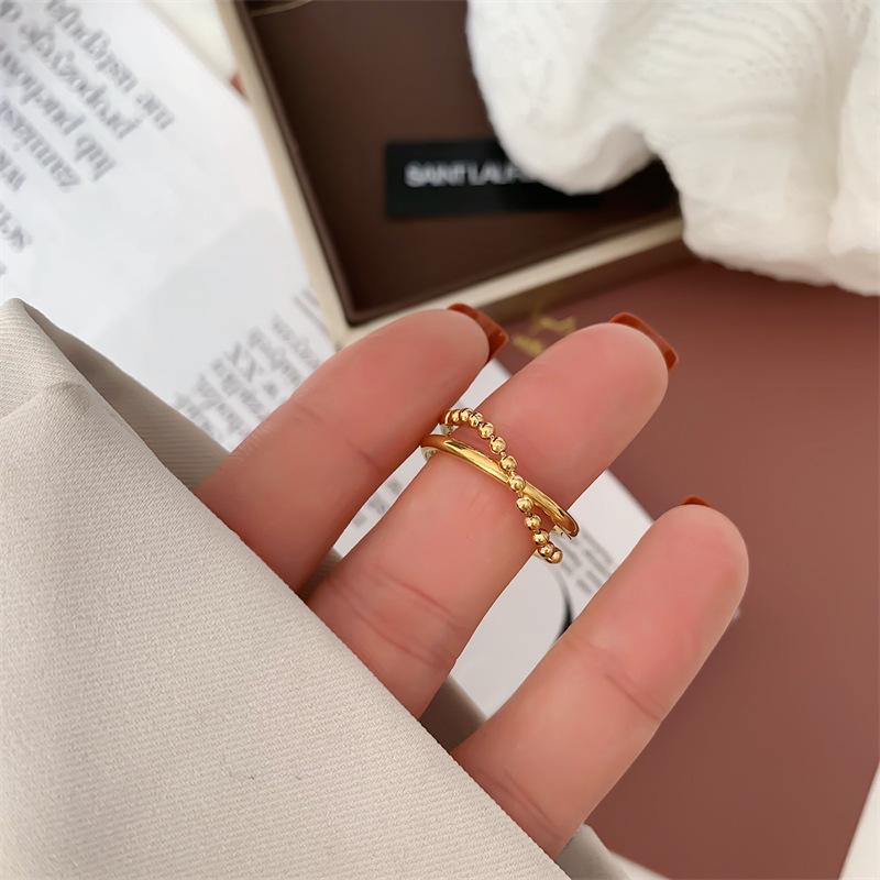 Double Layer Beaded Chain Titanium Steel Retro Ring - Fashionable Personalized Women's Index Finger Ring