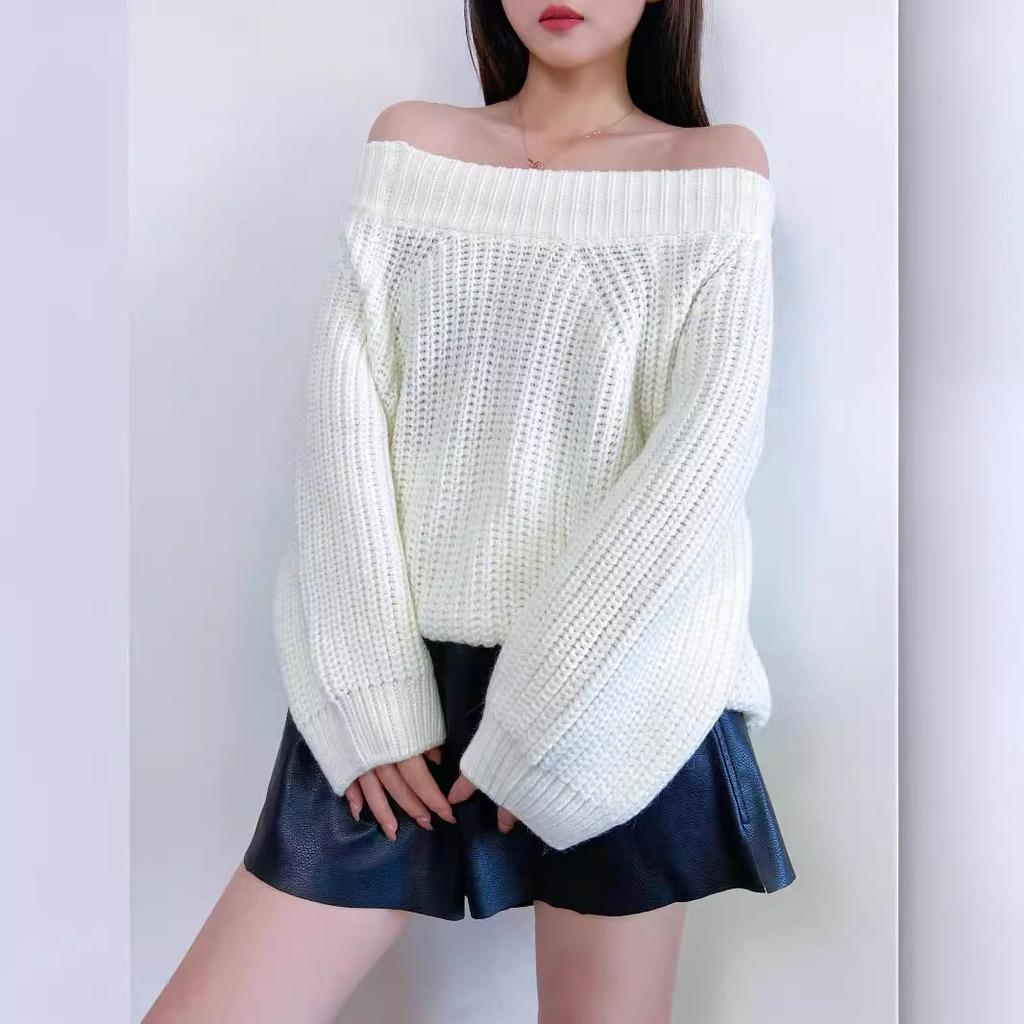 Winter Damen Verdickung Sexy Einreiher Kragen Pullover Pullover Locker Tops Dicke Nadel Laternenärmel Strickpullover Tide