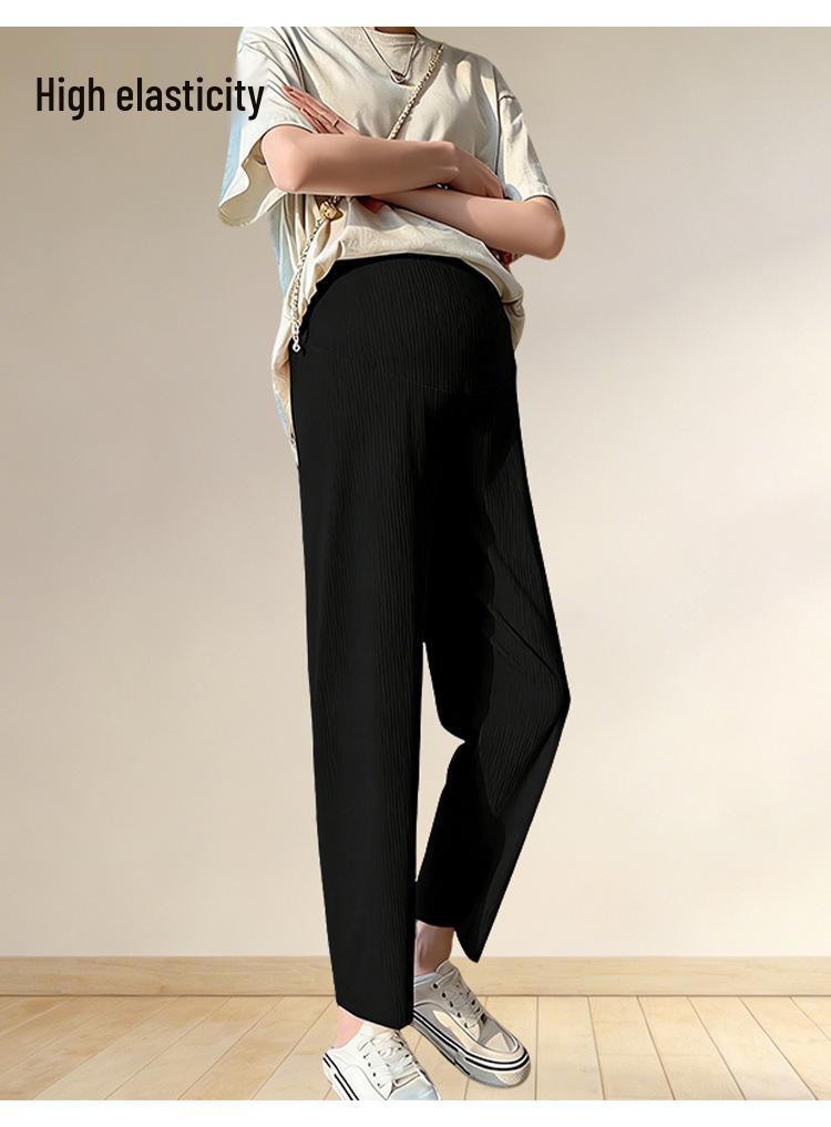 Fashionable Plus Size Maternity High-Waisted Ice Silk Summer Pants with Tummy Support