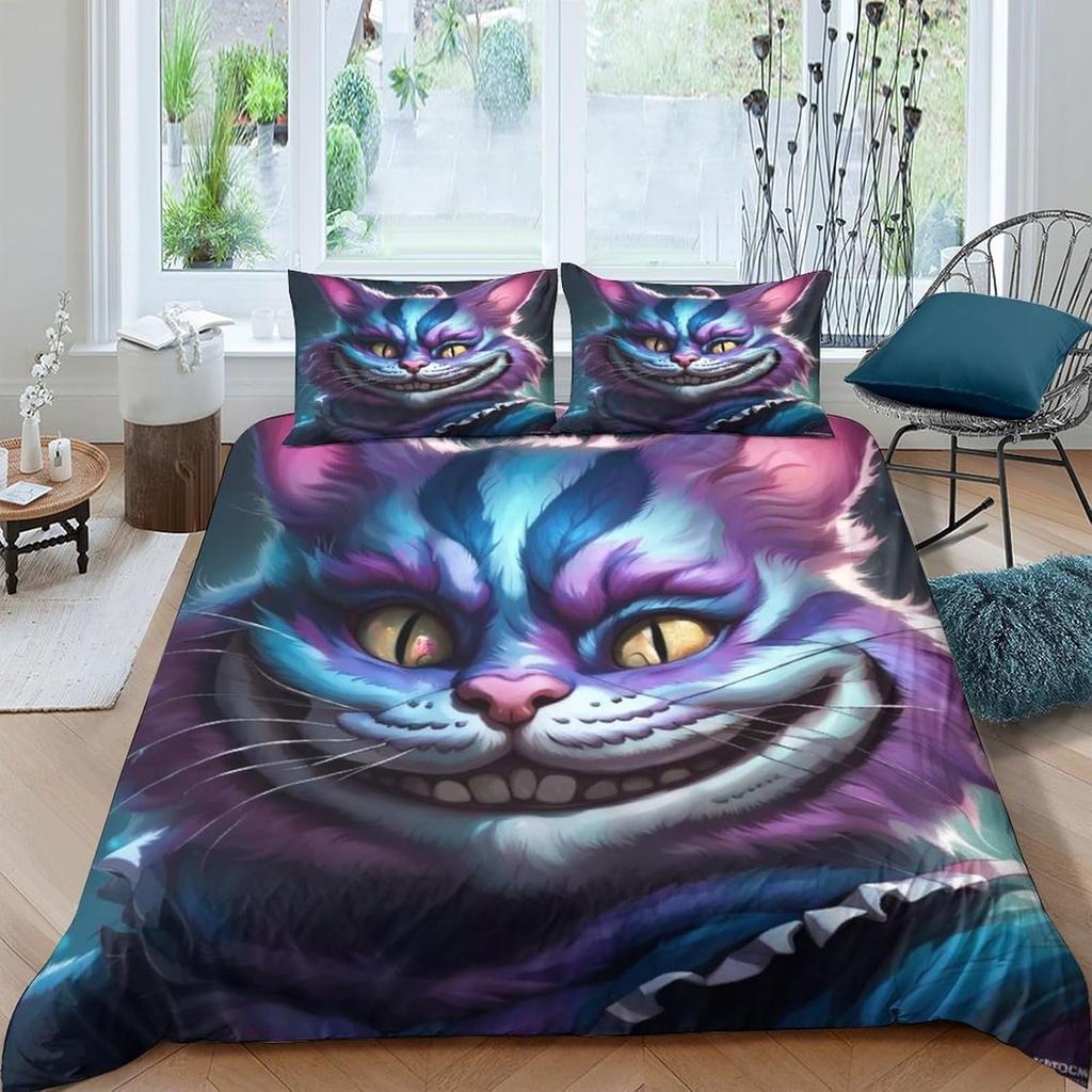 Cheshire Cat Duvet Cover 3 Piece 3D Print Oil Painting Style Quilt Bedding Set With Pillowcase, Microfibre Comforter Cover for C