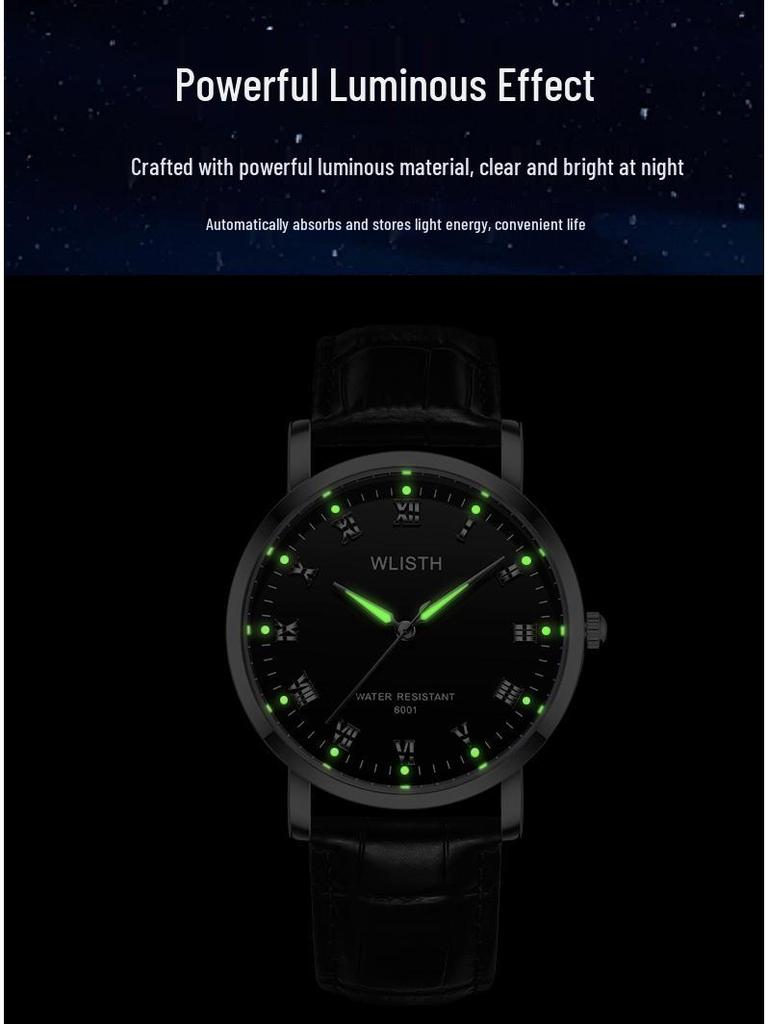 WLISTH Unisex Minimalist Luminous Watch with Steel & Leather Bands
