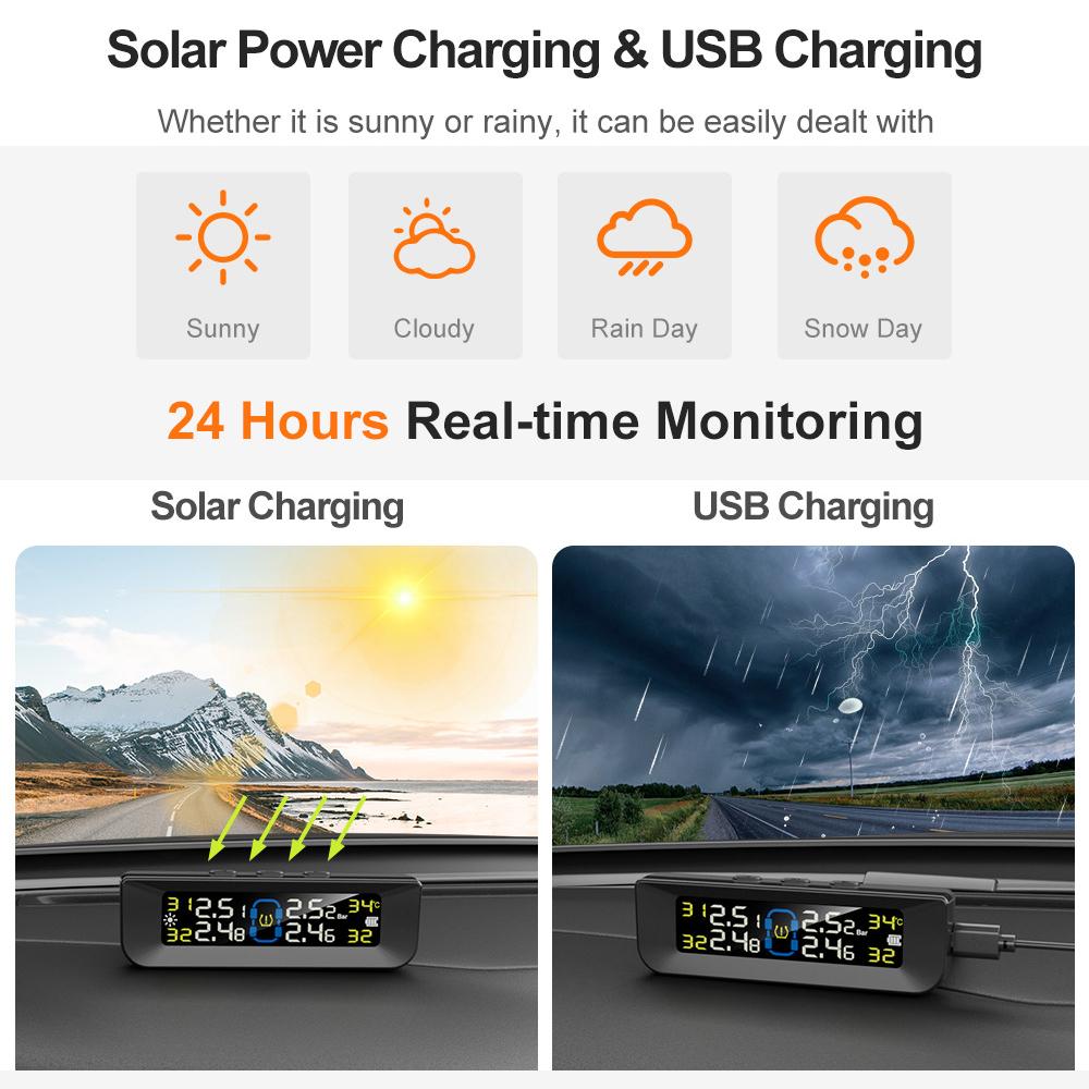 Bil Däcktrycksövervakningssystem Realtidsövervakning Digital LCD-skärm Auto Säkerhetslarmsystem Sol-/USB-driven TPMS