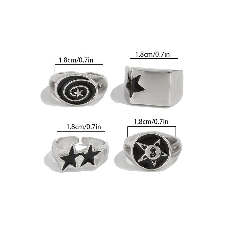 4 Stück/Set Schwarze Fünfzackige Sterne Breite Ringe Für Männer Hiphop Silberfarben Geometrisch Dicke Öffnende Fingerringe Sets Schmuck Geschenke