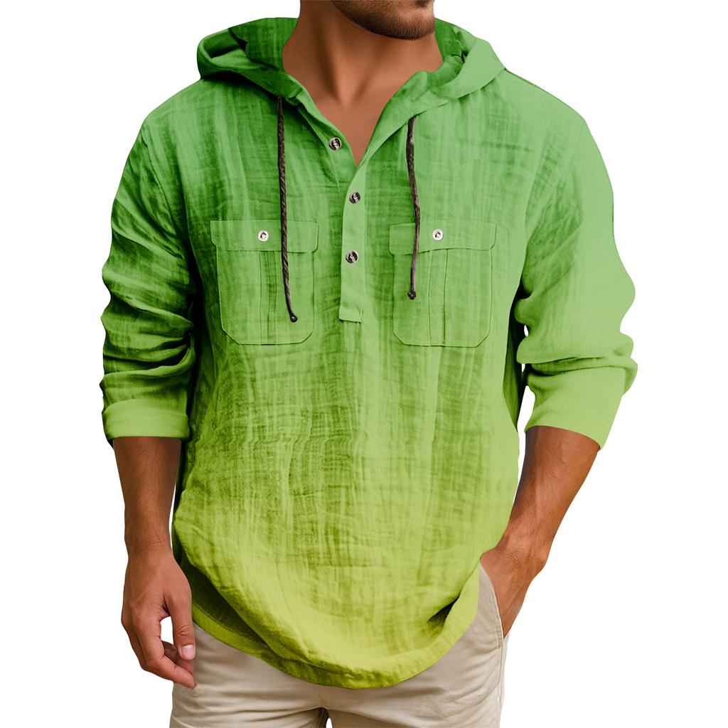 Men's Hooded T-shirt Gradient Color Cotton And Linen Men's Casual Long-sleeved Top
