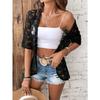 Elegant Women's Open Collar Contrast Lace Jacket - Lightweight Semi-Sheer Black & White Lace Panels, Spring Summer Fall Casual Chic Outerwear,