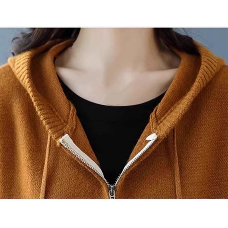 Cárdigan de Punto de Lana con Capucha de Color Sólido Otoño Mujeres Suéter de Manga Larga Holgado Cremallera Prendas de Punto Abrigo