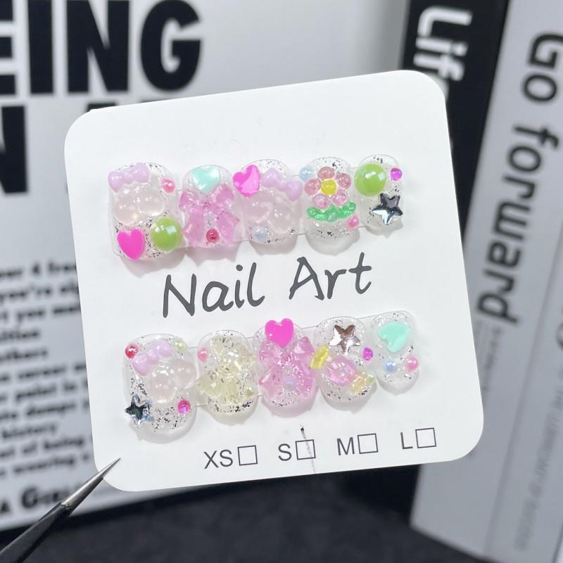 Sweet Cute Short Press-On Nails With Sparkly Hearts Bows Stars Design Wear Extra Small