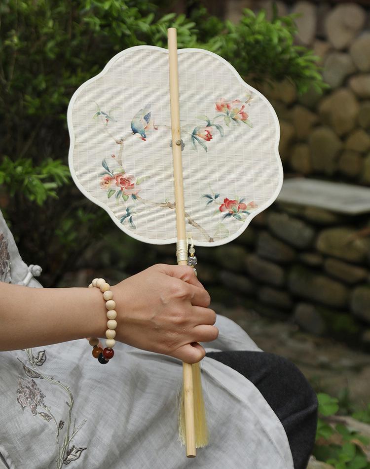 Ancient Style Portable Round Fan - Rollable with Bamboo Strips, Intangible Heritage, Perfect for Hanfu Costume, Cooling Summer Accessory.