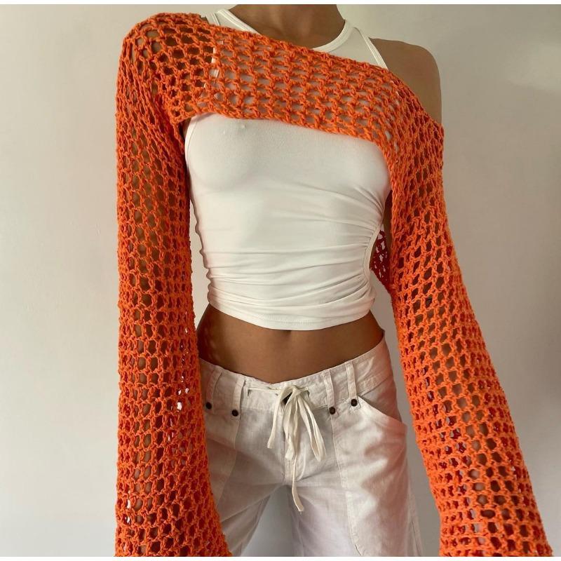 Women's Cover Ups Fall Women's Hand Hook Sweater Casual Ultra Short Flared Sleeve Sexy Mesh Cover Up