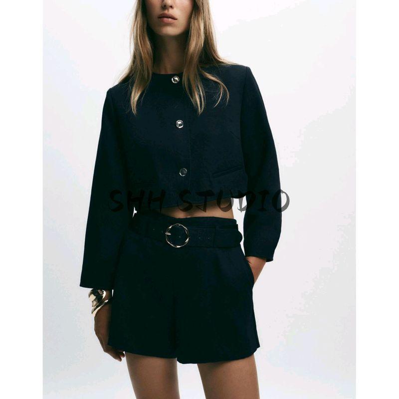 round Neck Golden Button Short Suit Outwear 8372280 High Waist with Belt Casual Shorts 8372180