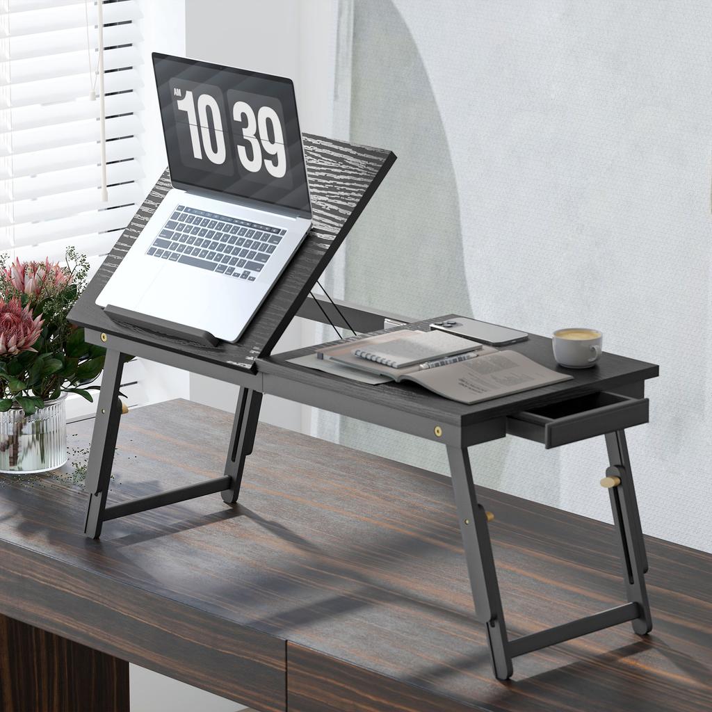 Foldable and adjustable bed table, bamboo laptop bed tray tilting top 83.5x33x34cm black