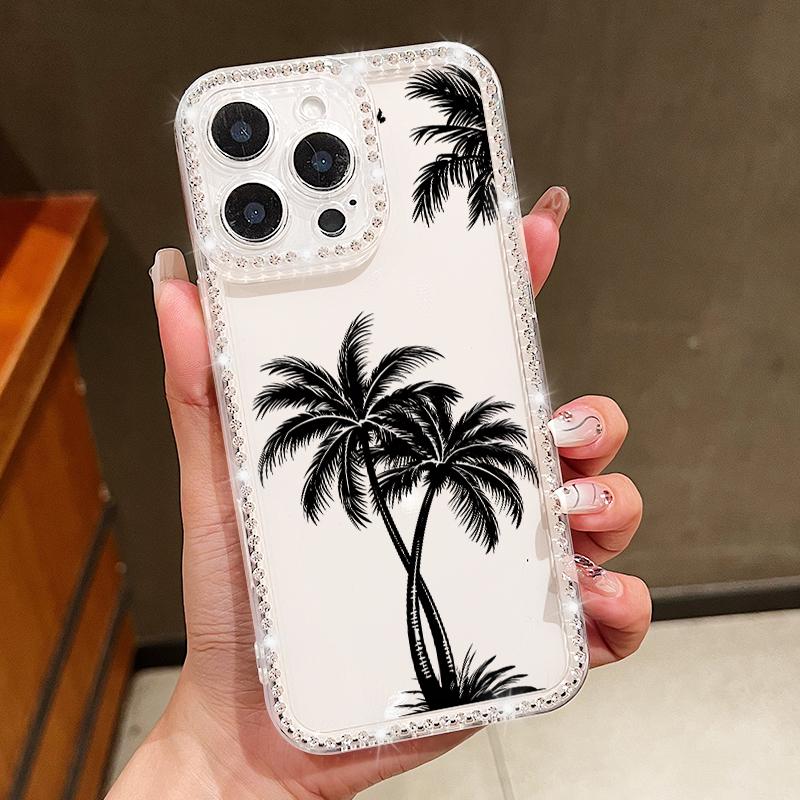 For iPhone 16 16E 15 Pro Max 14 Pro 13 12 11 Case Diamond Frame Coconut Tree Print Clear Shockproof Lens Protection Soft Silicone Phone Cover Shell