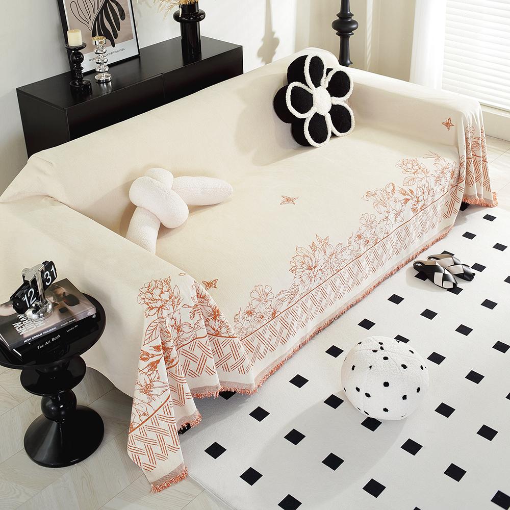 Autumn Orange Flower Chenille Sofa Towel for the Living Room, Nordic Style Home Decor with Tassel Edges, Three-Seater Sofa Set