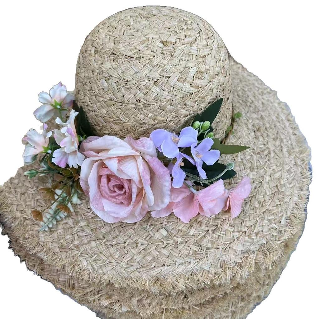 Lafite handmade straw big flower versatile sunshade sun hat women's summer vacation seaside big eaves sun hat