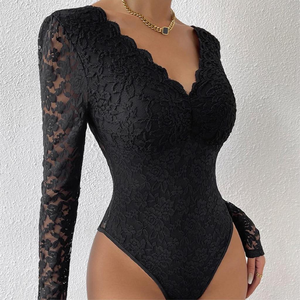Women's Fashion Sexy Solid Color Lace Long Sleeve Slim Bodysuit