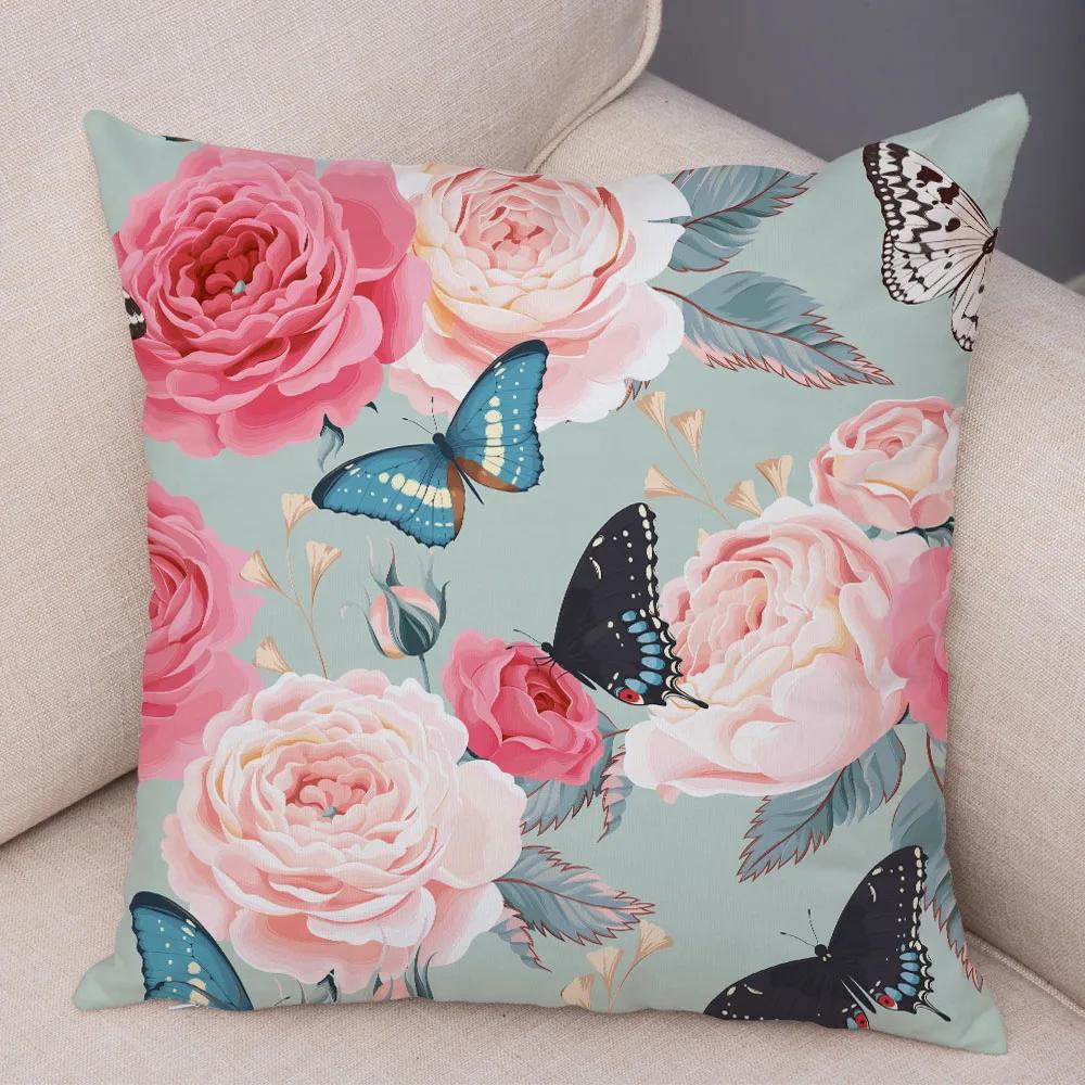 Nordic Style Rose Flower And Birds Pillow Case Cushion Cover For Car Sofa Super Soft Plush Decor Flower Plant Animal Pillowcase