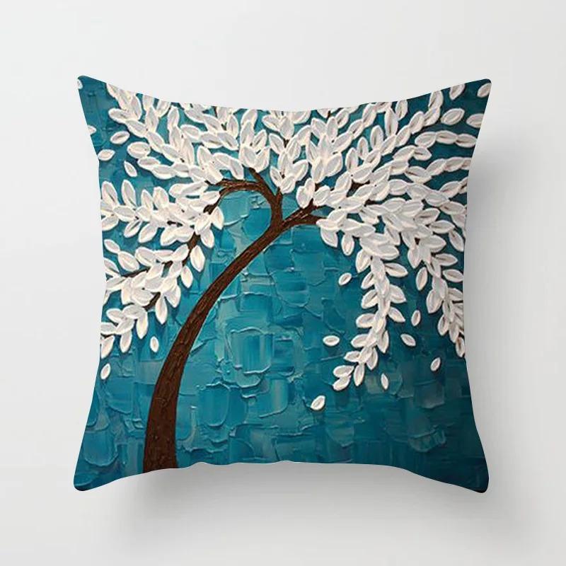 2D Flat Printed Peach Skin Pillow Cover Oil Painting Floral Tree Cushion Case Decorative Throw Pillowcase For Sofa Living Room