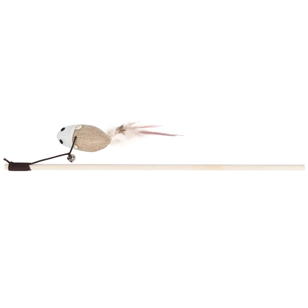 Wooden Cat Funny Stick Wand Pet Teaser Mice Toys with Crisp Bell Feather and Linen Mouse