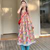 Printed Suspender Loose Girl Style Summer New Dress Women's Sweet Lace-up Super Good-looking Lace A-shaped Long Dress