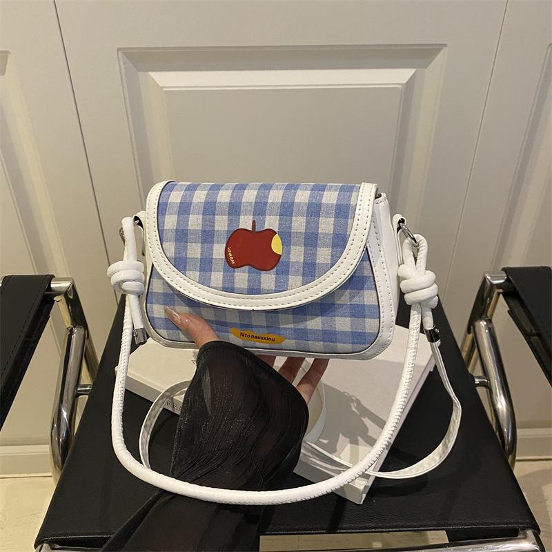 Korean Version Plaid Mini Shoulder 2025 Contrasting Color Embroidery Chain Messenger Bag Sweet and Cute Portable Fashion Saddle Bag