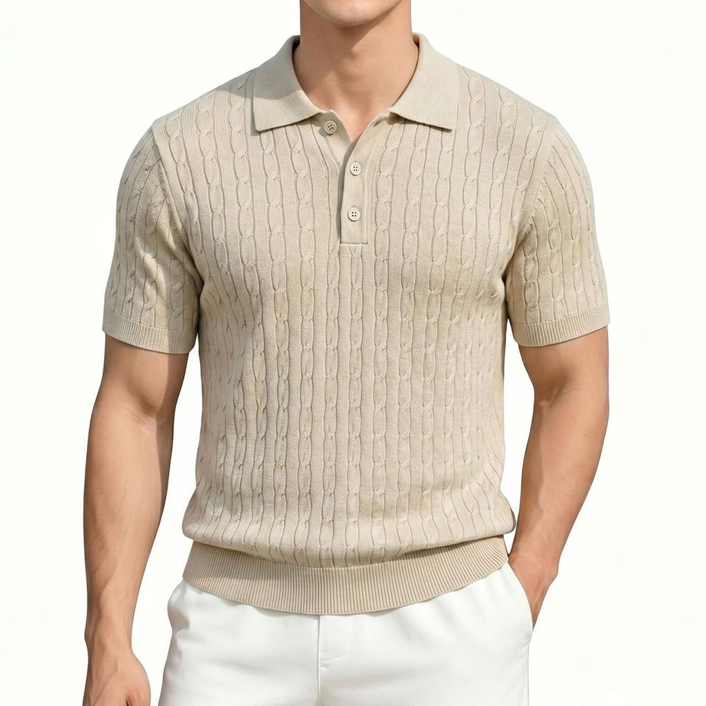 Men's Short Sleeve Polo Shirt Cable Knit Pattern Casual Lightweight Breathable Summer Top Buttoned Neckline