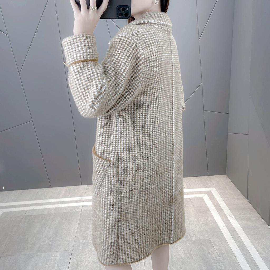 Women's Winter Medium-length Large Size Tweed Jacket Slim Plaid Warm Coat