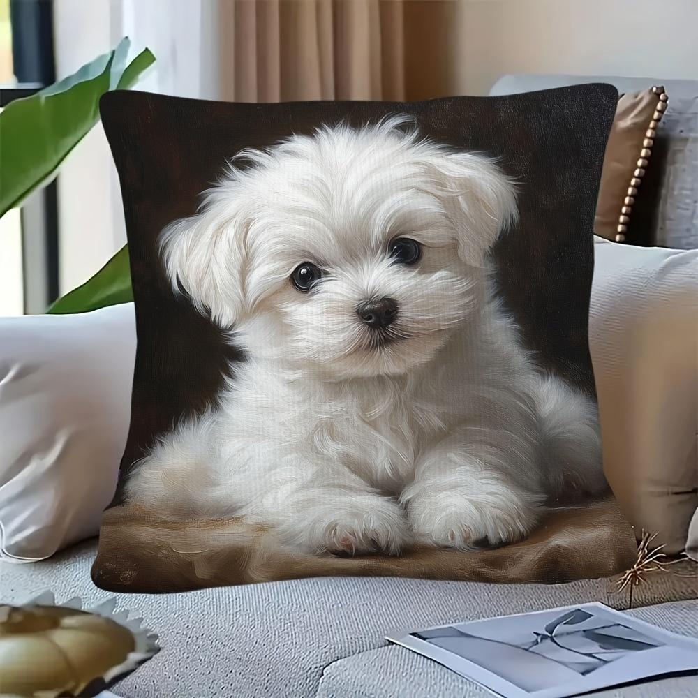 1Pc Cute Maltese Puppy Printed Throw Pillow Cover, Suitable For Sofa, Bedroom, Living Room, A Heartwarming Gift For Dog Lovers.