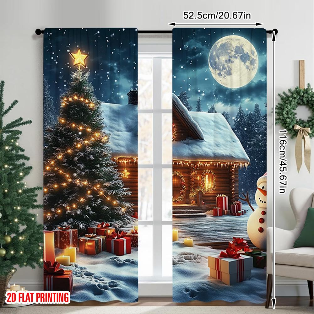 2pcs 2D Flat Printing Christmas Window Drapes Holiday Snowman 100% Polyester Without Electricity Festive Holiday Perfect for