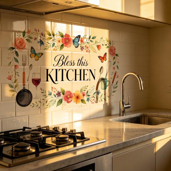 Bless This KITCHEN Wall Sticker Flower Butterfly Kitchen Utensils Self-adhesive Sticker Waterproof PVC Wall