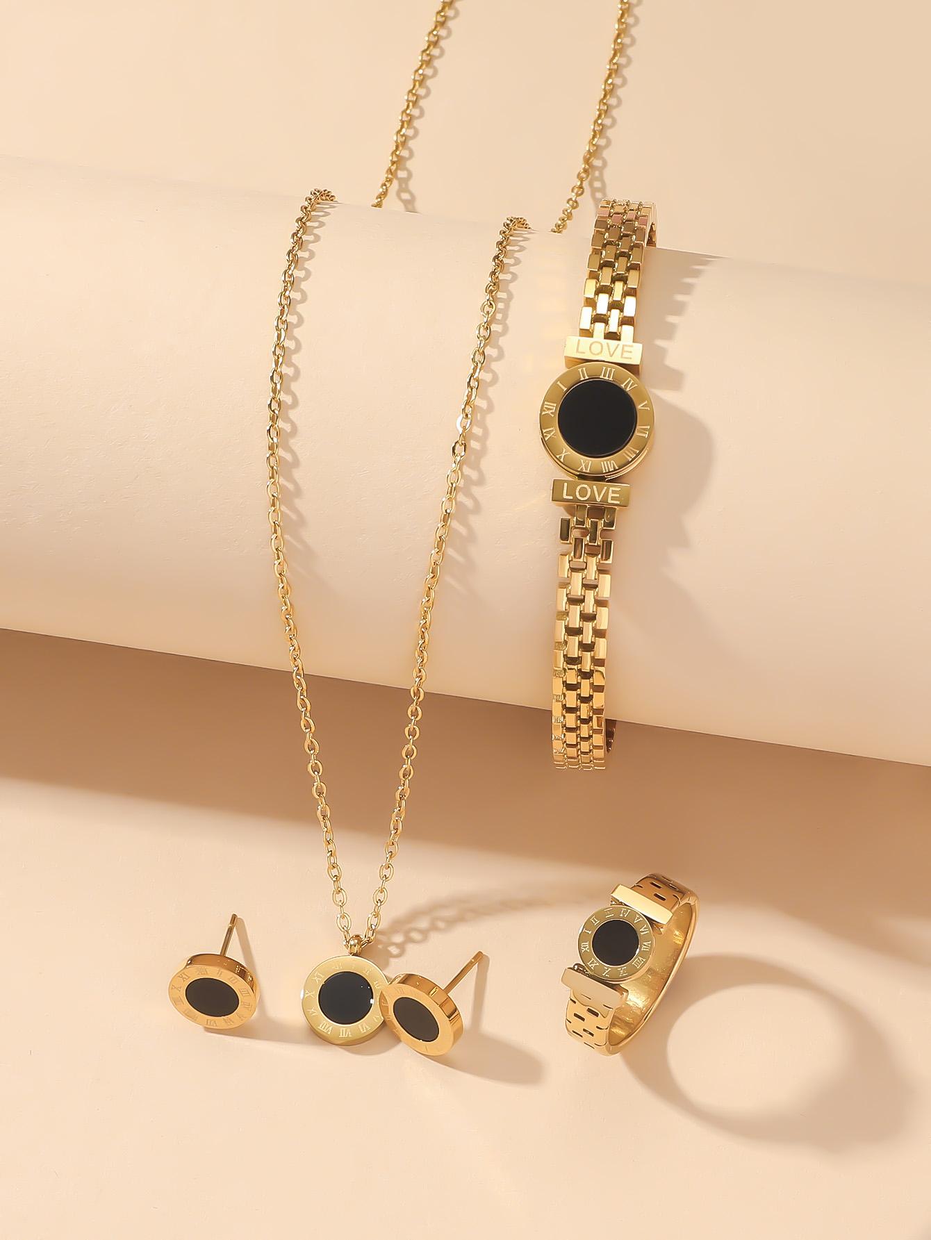 Niche design Roman digital necklace bracelet set female titanium steel ring studs simple