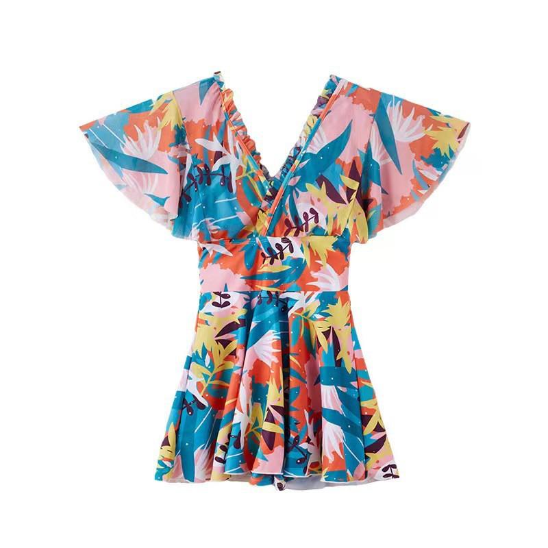 Womens V-Neck Ruffle Sleeve Swimsuit With Tropical Print Tummy Control Fit Modest One-Piece Bathing Suit Beach Vacation