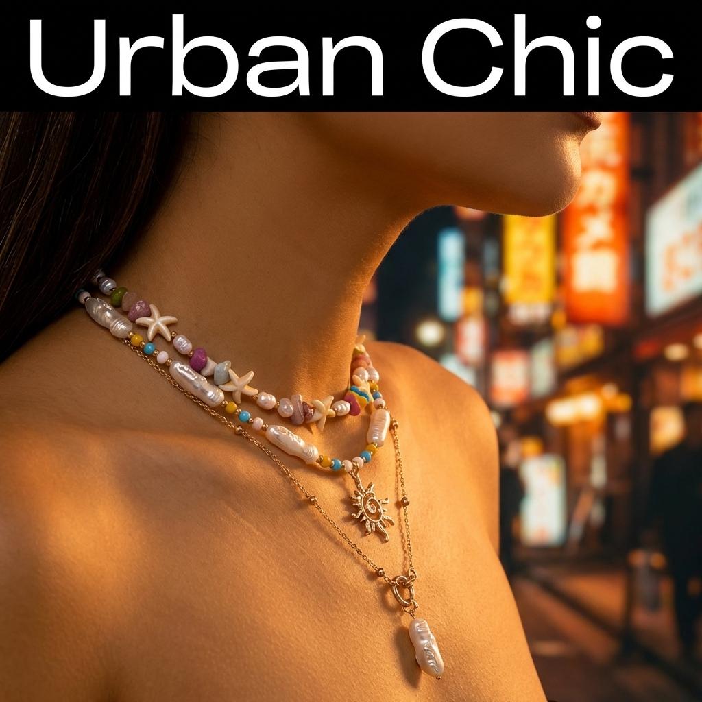 Bohemian Handgefertigter Seestern Sonne Anhänger Halskette für Damen Sommer Muschel Imitation Perle Reiskorn Perlen Choker Strandurlaub Schmuck