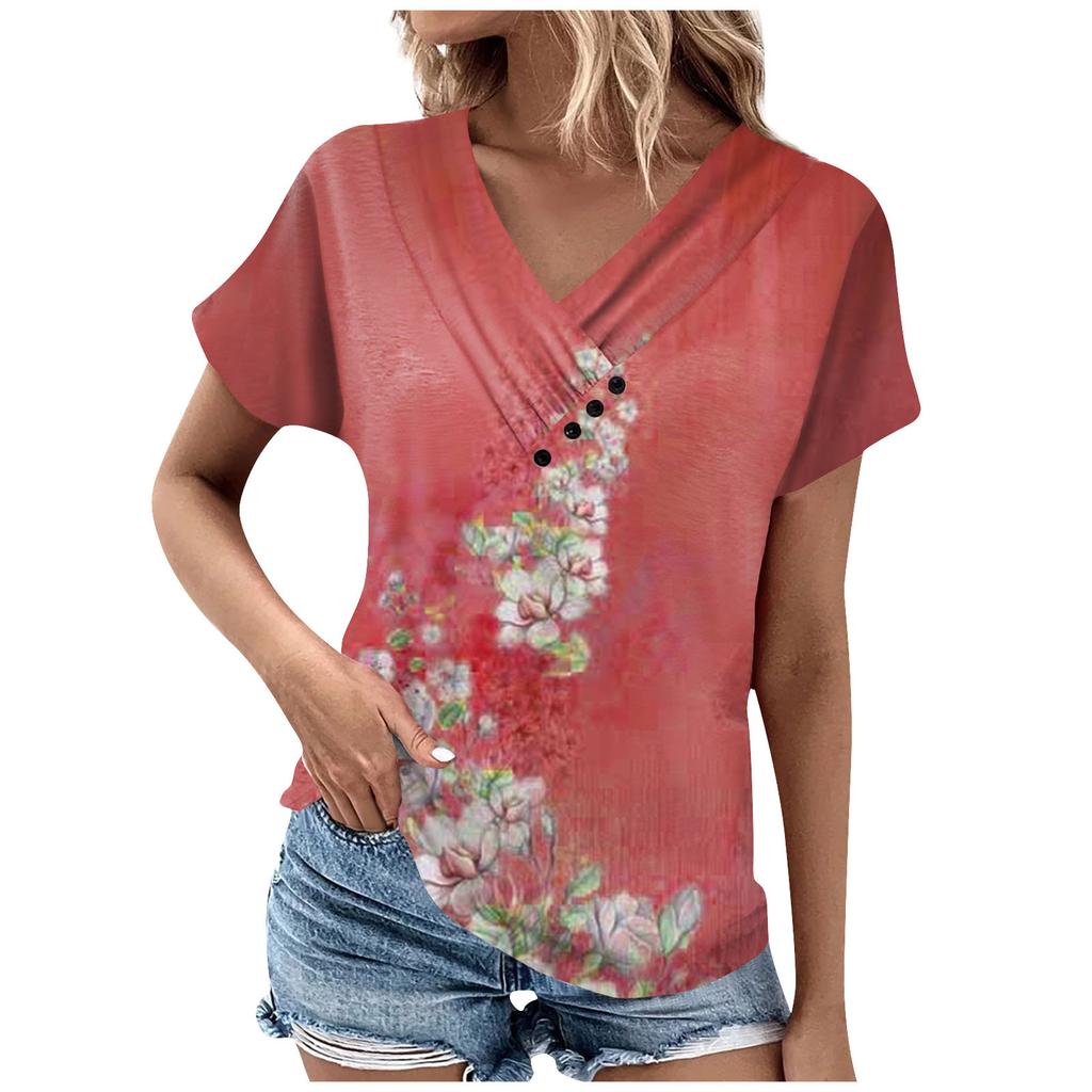Women's Fashion Casual V-Neck Short Sleeve T-Shirt Pleated Printed Button-Up