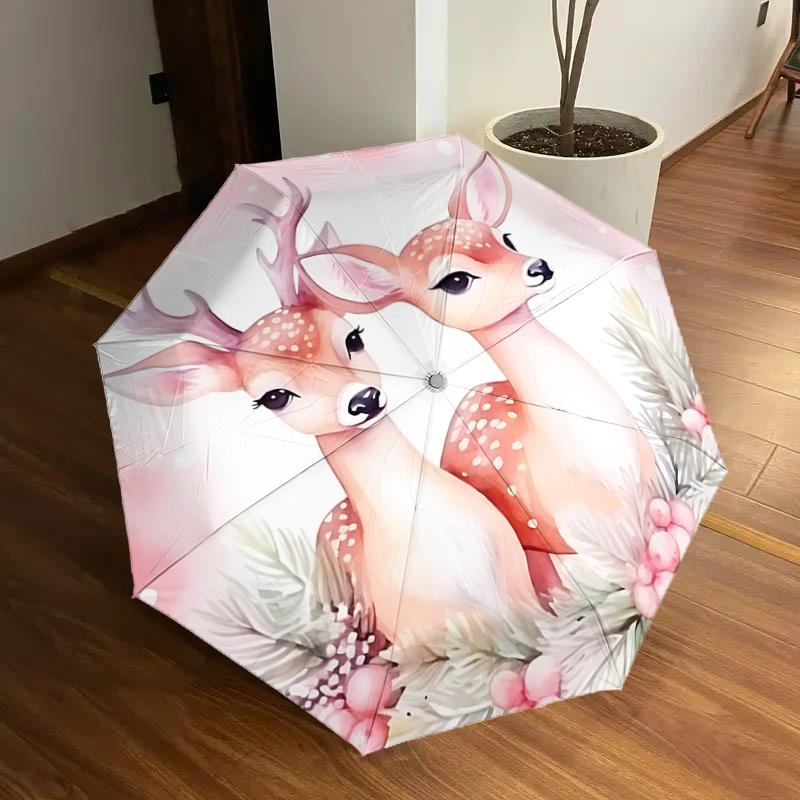 

Charming Deer Couple with Festive Berries & Pine Branches - Automatic Opening/Closing Umbrella, Portable Tri-Fold Design, 8-Bone Iron Frame