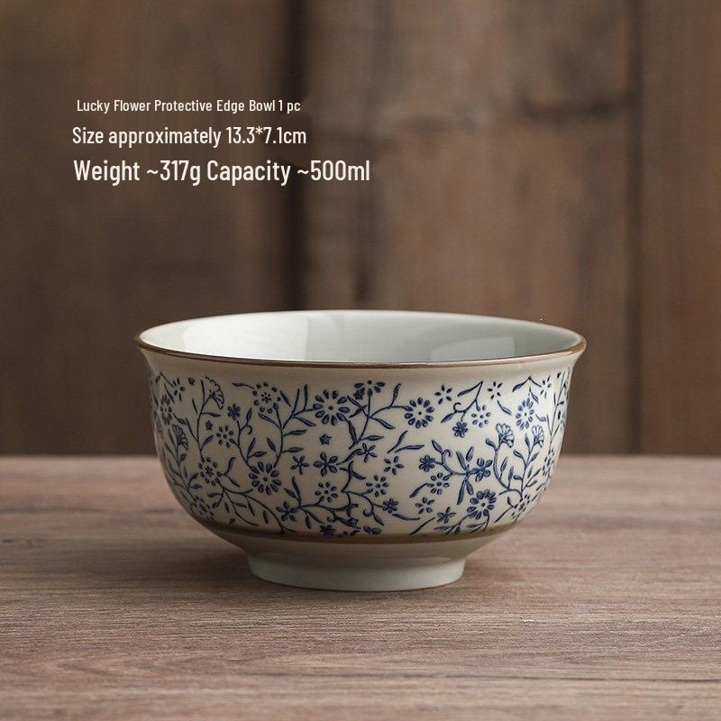 5-inch Medium-Sized Underglaze Ceramic Rice Bowl, Antique High-Temperature Celadon with Thickened Protective Rim