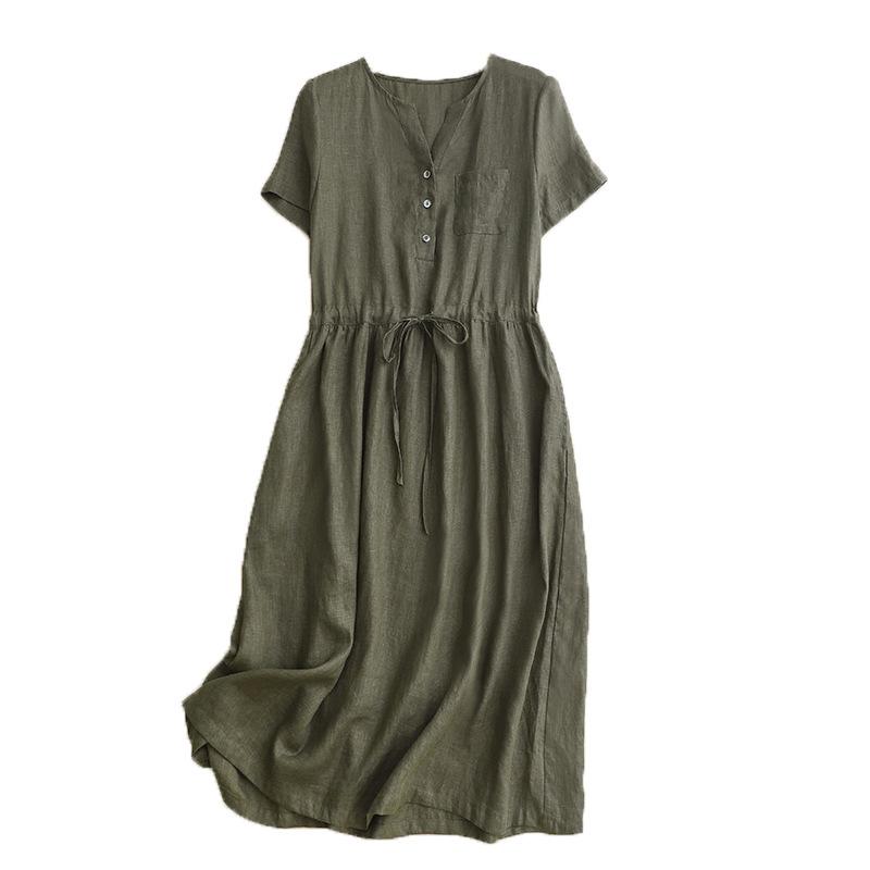 2025 Summer New Solid Color Cotton and Linen Large Size Dress for Women, Waist Loose and Thin V-neck Short-sleeved Medium and Long Dress