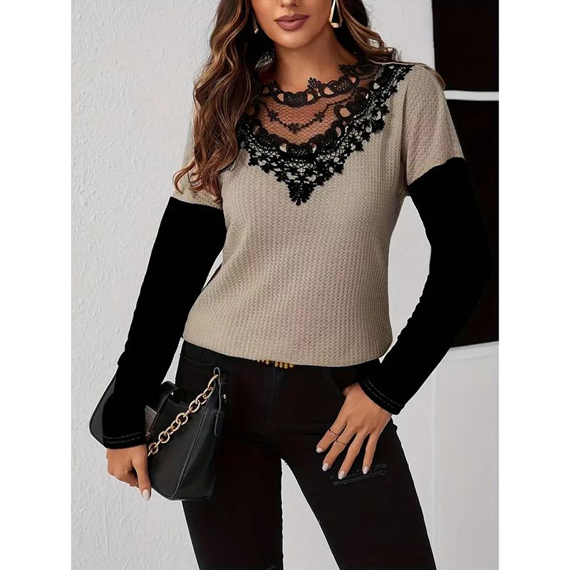 Autumn/Winter New Women's Fashion Style Casual Commuting Sexy Splicing Solid Color Long Sleeve Lace Knitted T-shirt