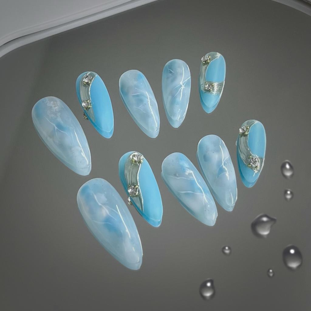 10 Stück Sommer Ozean Mandel Press-On Nägel 3D Bunte Blume Handgemacht Vollabdeckung Falsche Nagelspitzen